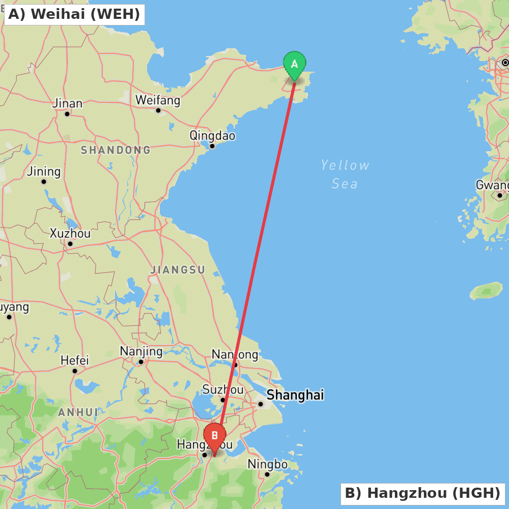 Flight route map from Weihai to Hangzhou