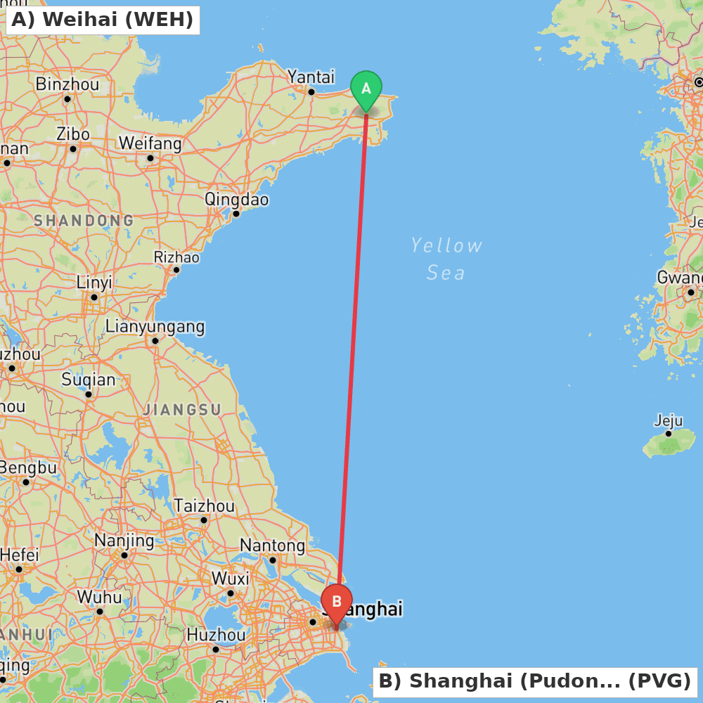 Flight route map from Weihai to Shanghai (Pudong)