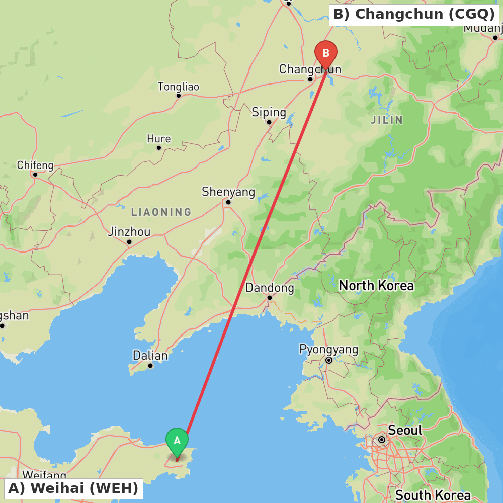 Flight route map from Weihai to Changchun