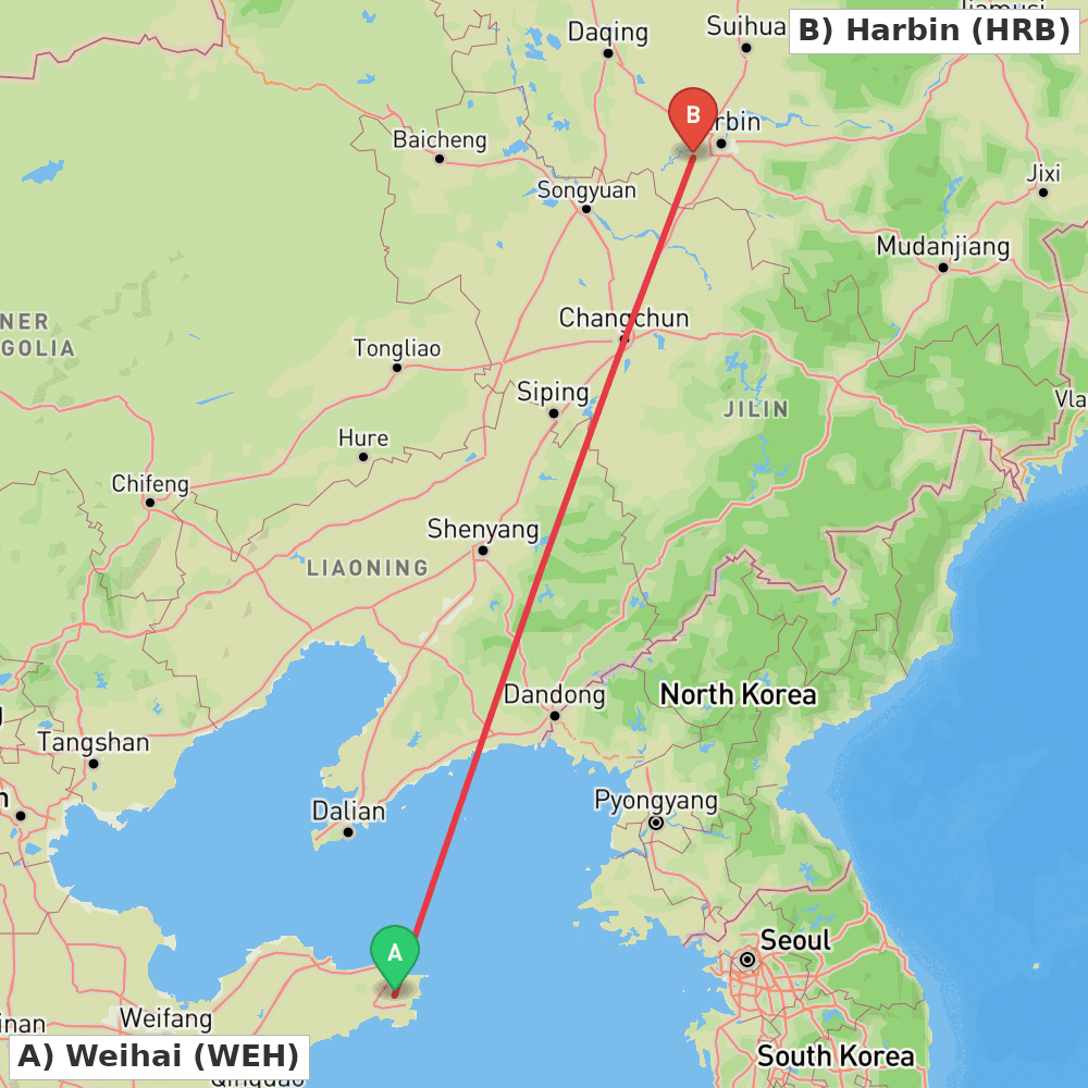 Flight route map from Weihai to Harbin