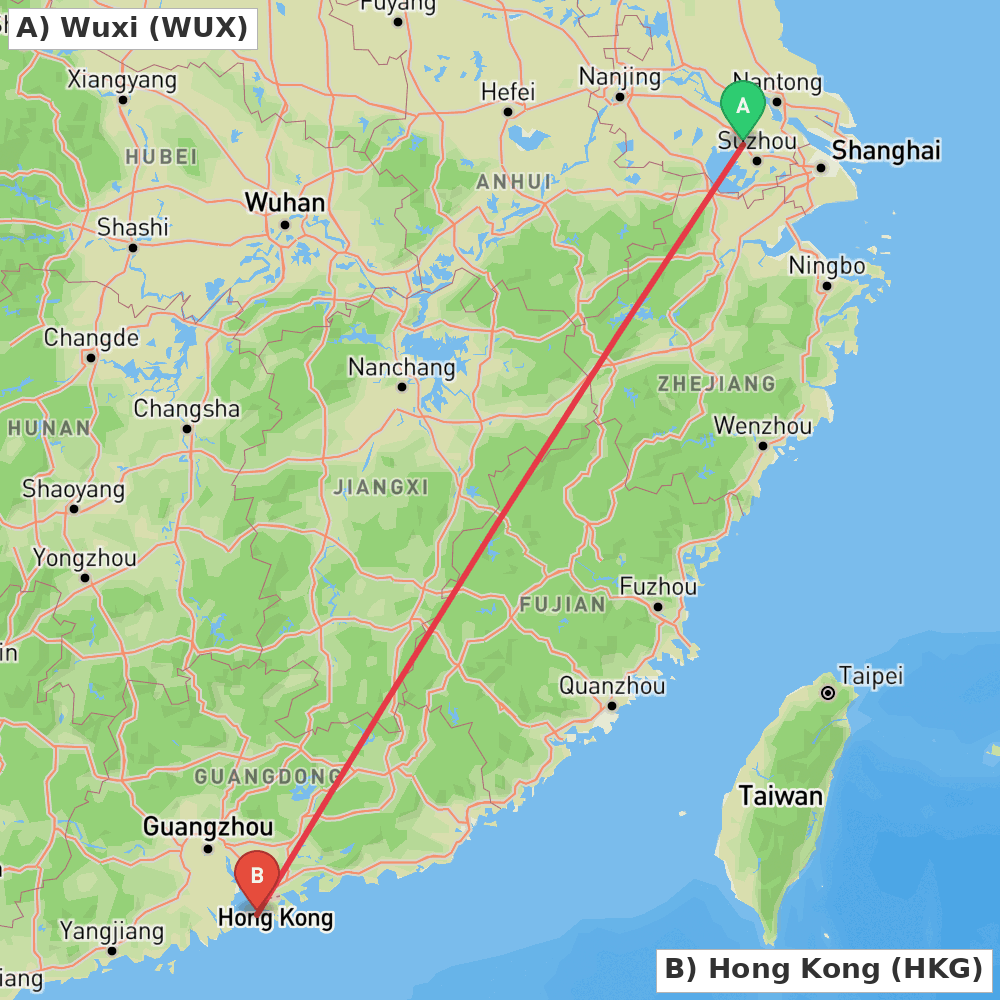 Flight route map from Wuxi to Hong Kong