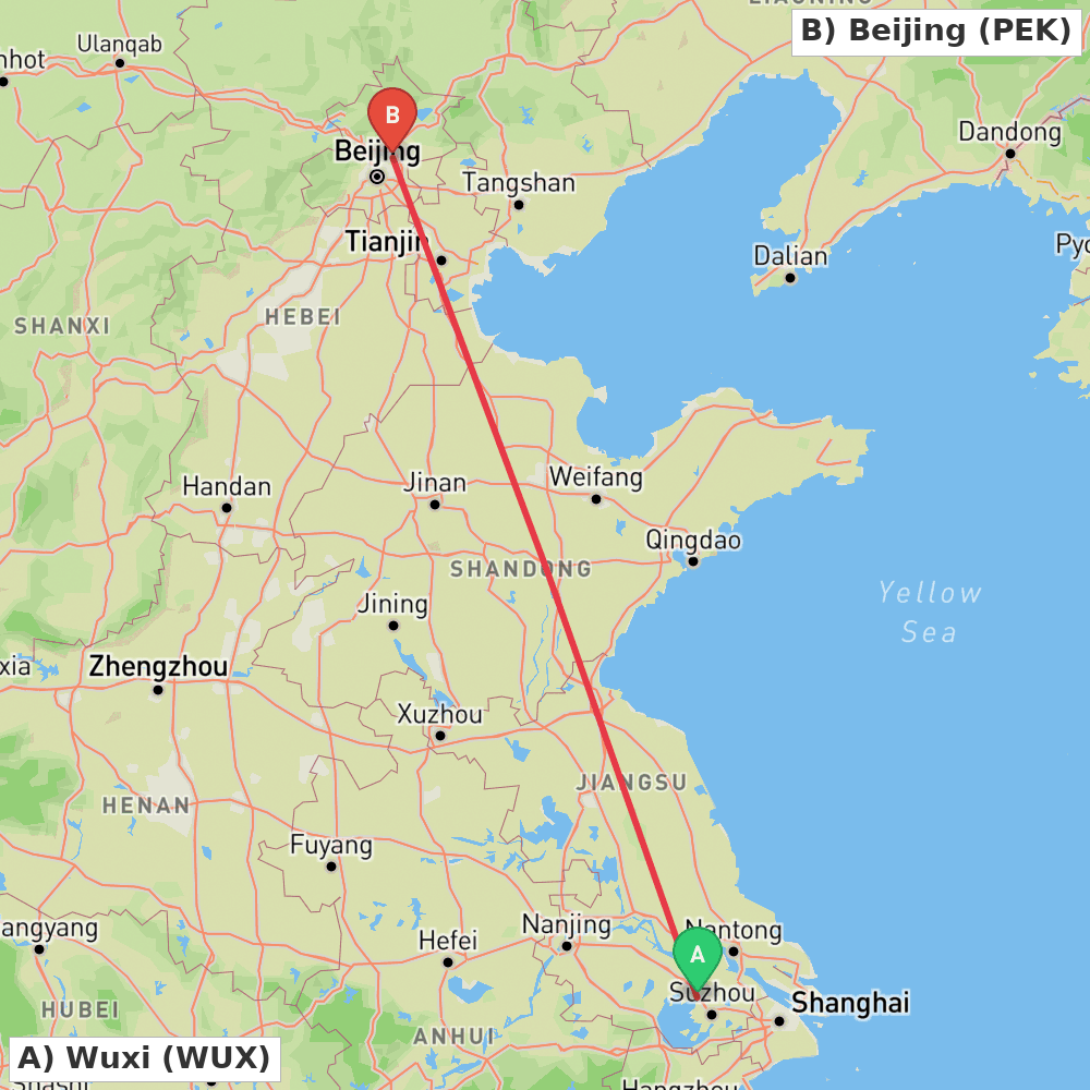 Flight route map from Wuxi to Beijing
