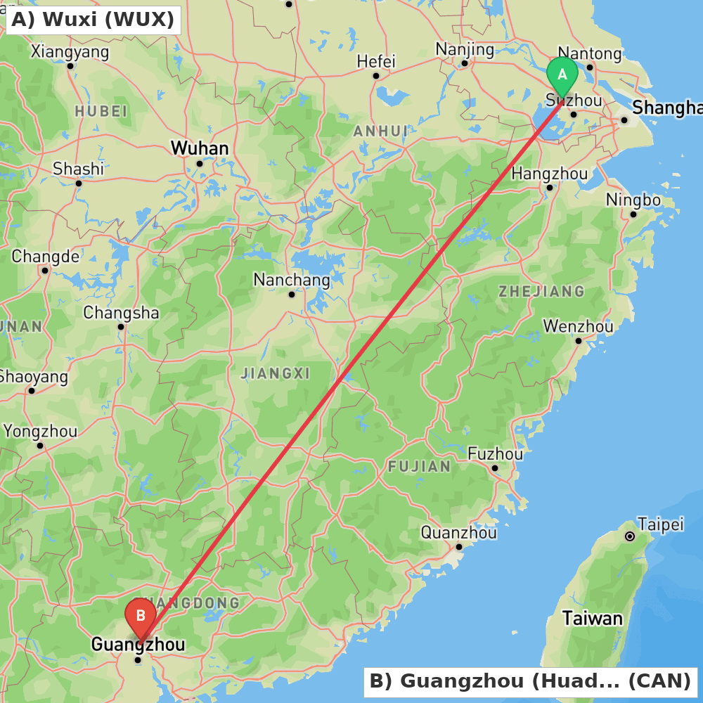 Flight route map from Wuxi to Guangzhou (Huadu)