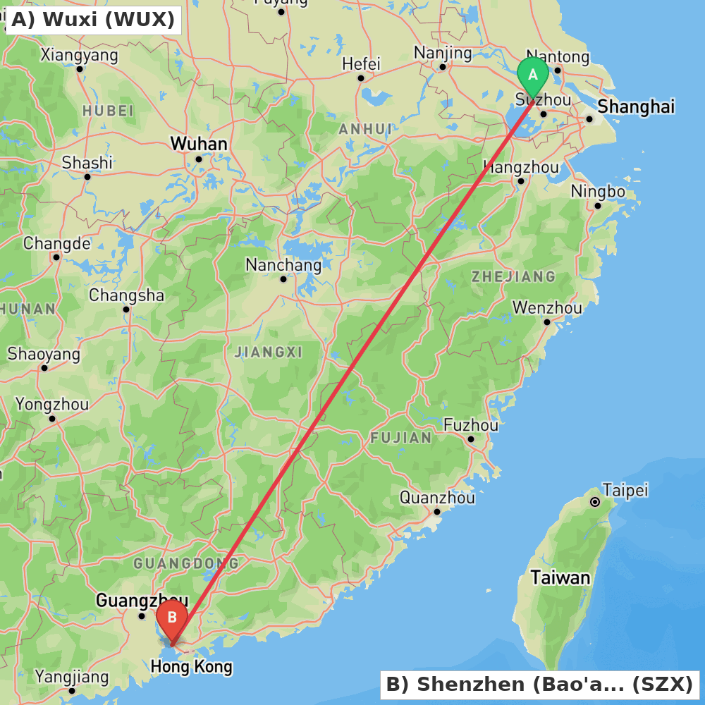 Flight route map from Wuxi to Shenzhen (Bao'an)