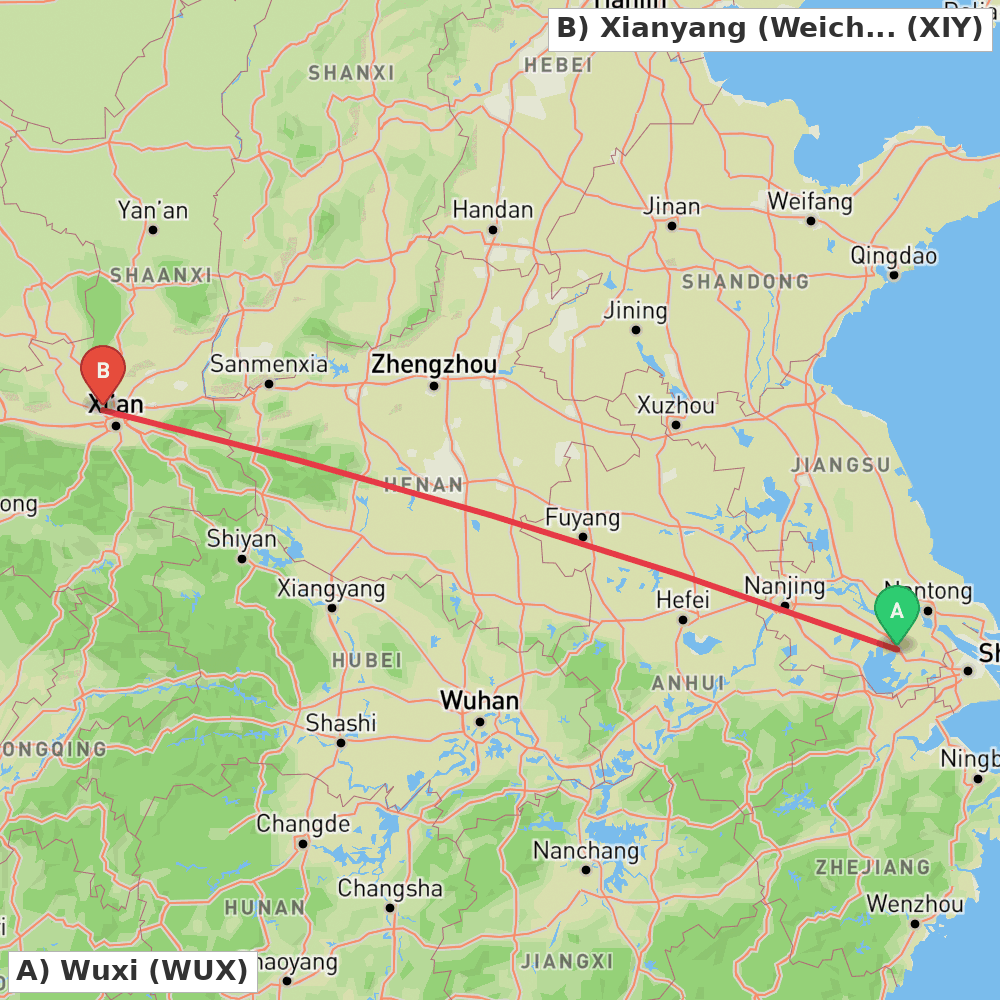 Flight route map from Wuxi to Xianyang (Weicheng)