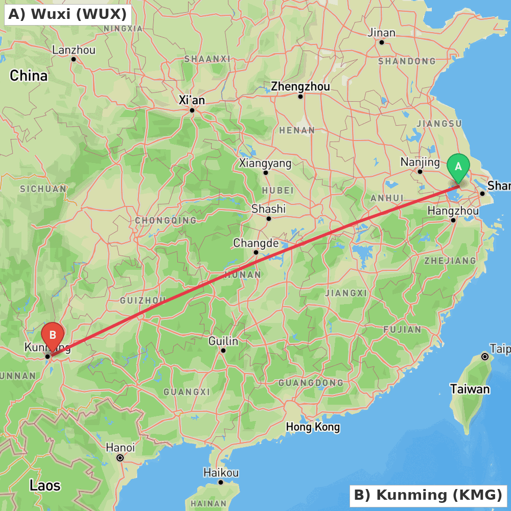 Flight route map from Wuxi to Kunming