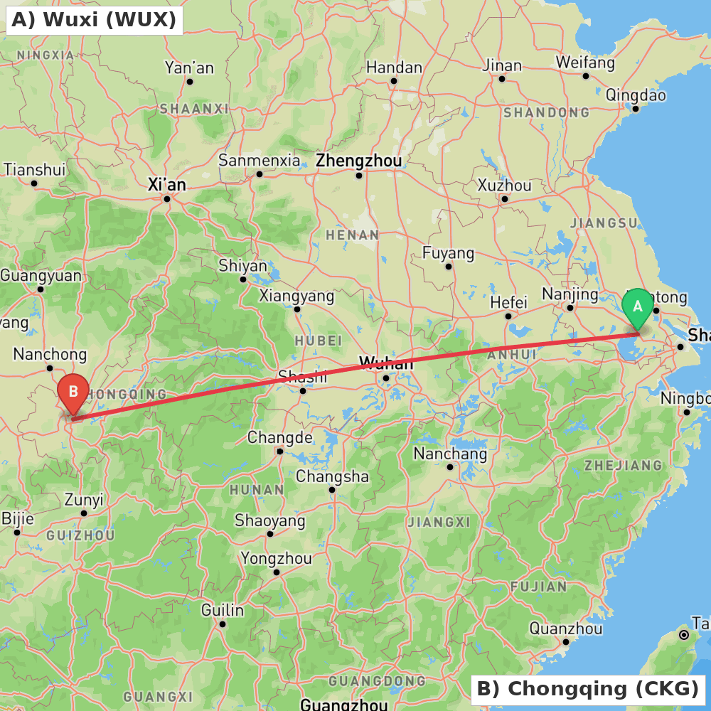 Flight route map from Wuxi to Chongqing