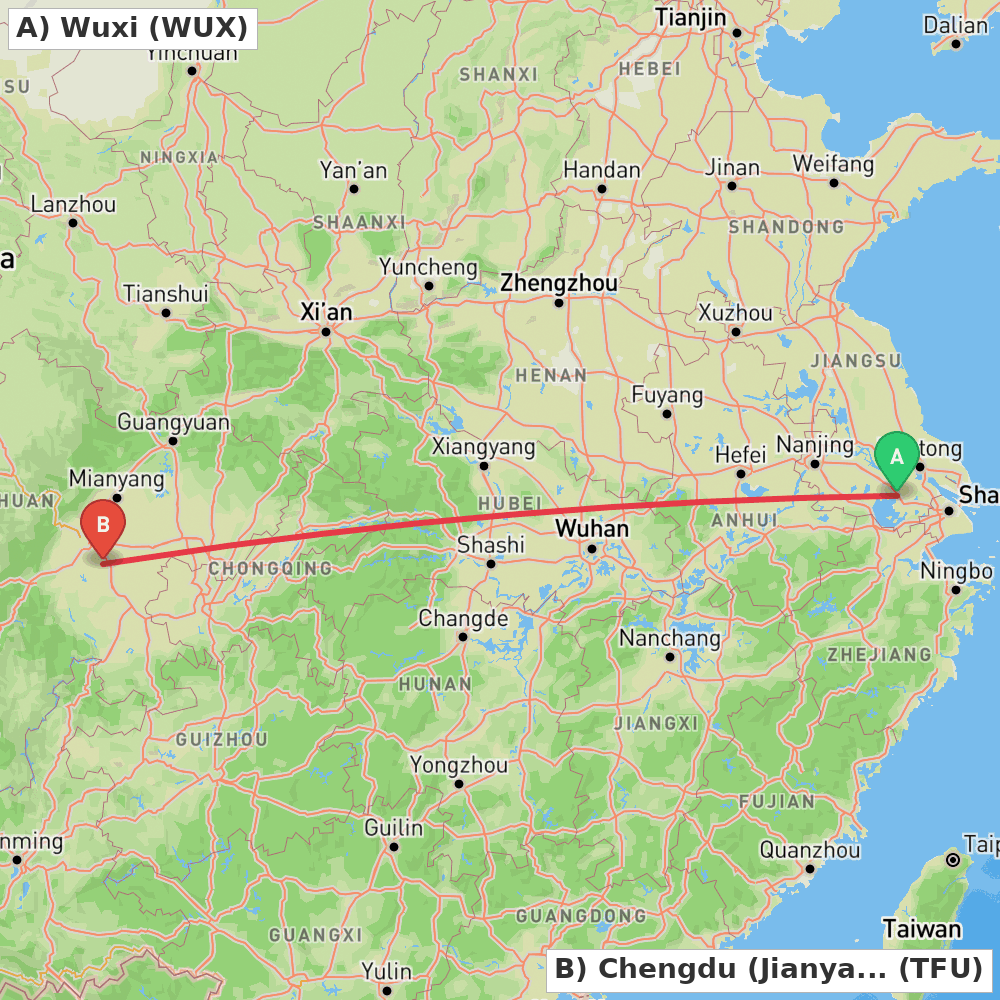 Flight route map from Wuxi to Chengdu (Jianyang)