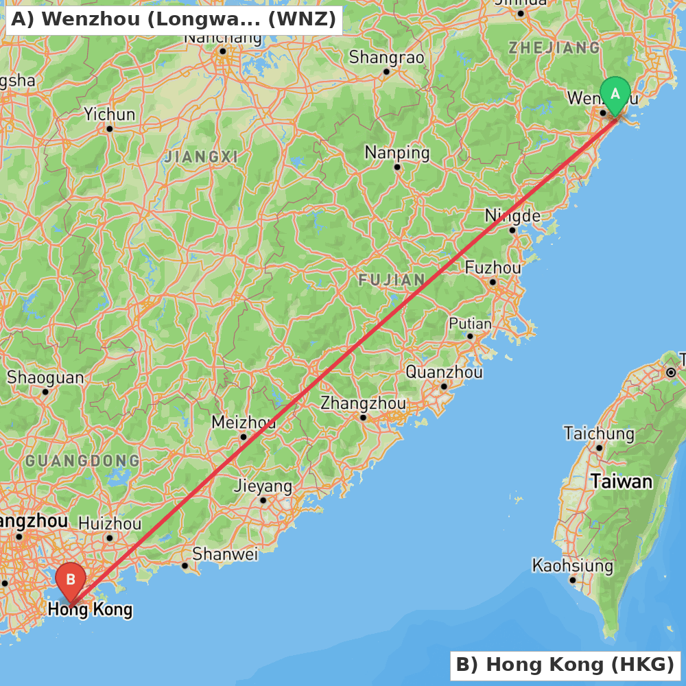 Flight route map from Wenzhou (Longwan) to Hong Kong