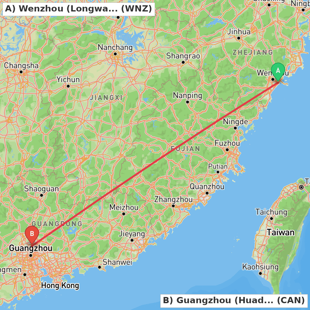 Flight route map from Wenzhou (Longwan) to Guangzhou (Huadu)
