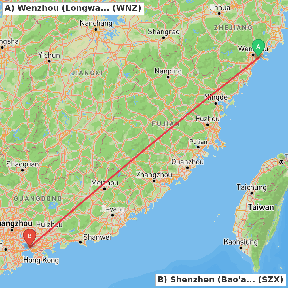 Flight route map from Wenzhou (Longwan) to Shenzhen (Bao'an)