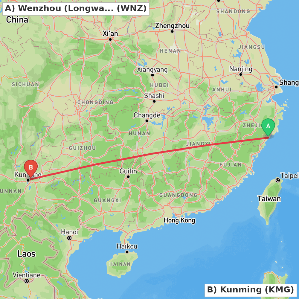 Flight route map from Wenzhou (Longwan) to Kunming