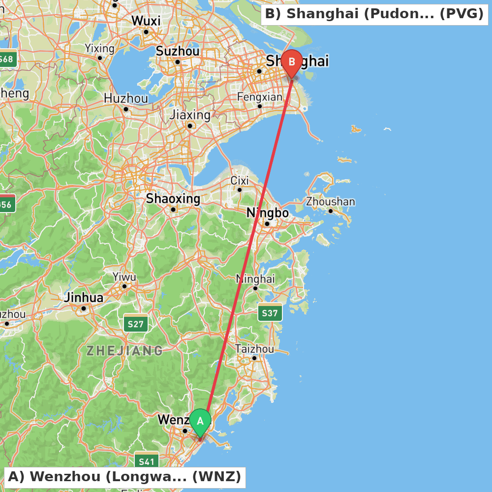 Flight route map from Wenzhou (Longwan) to Shanghai (Pudong)