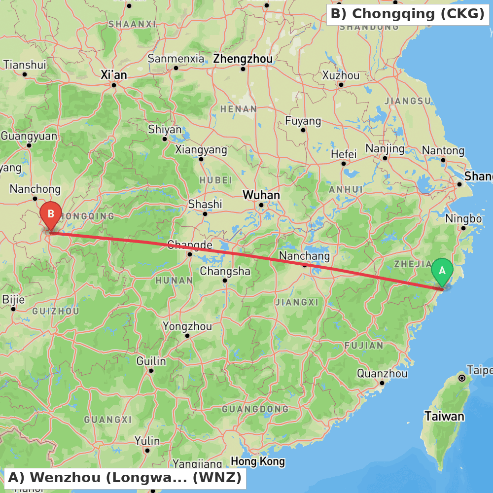 Flight route map from Wenzhou (Longwan) to Chongqing