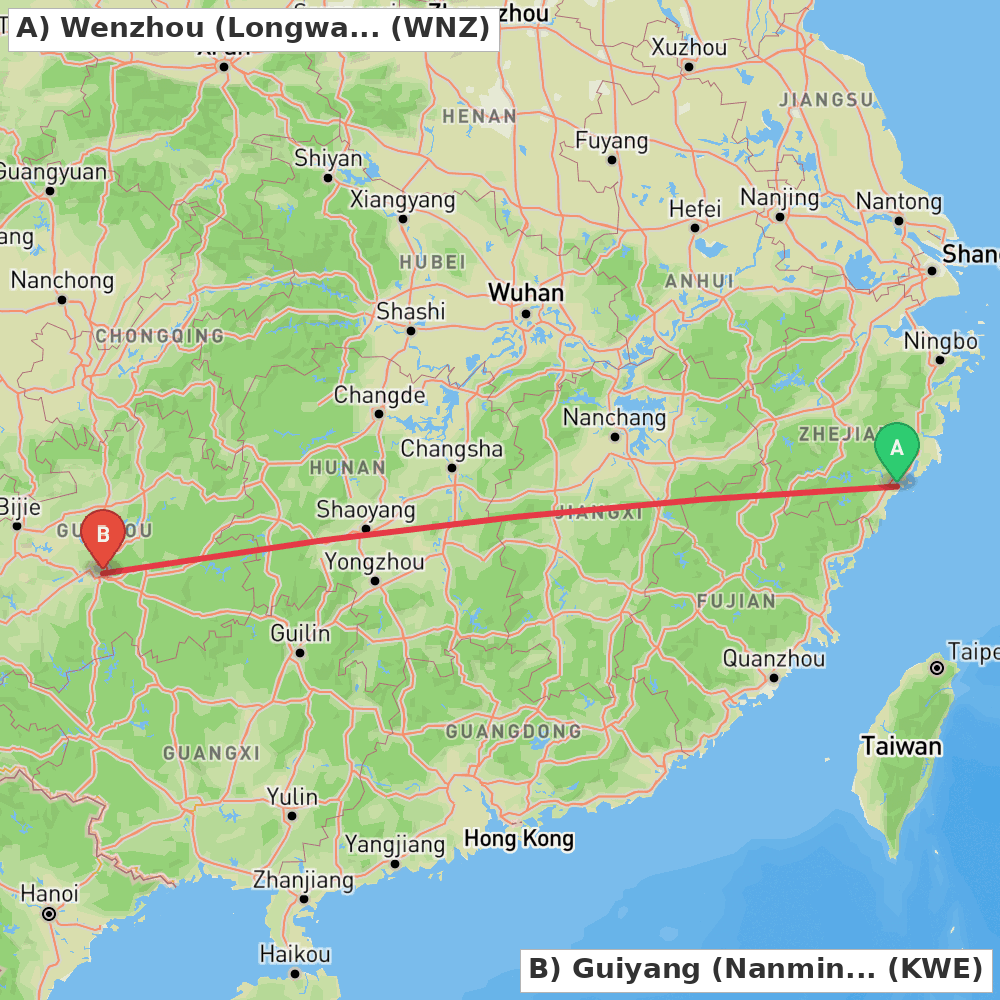 Flight route map from Wenzhou (Longwan) to Guiyang (Nanming)