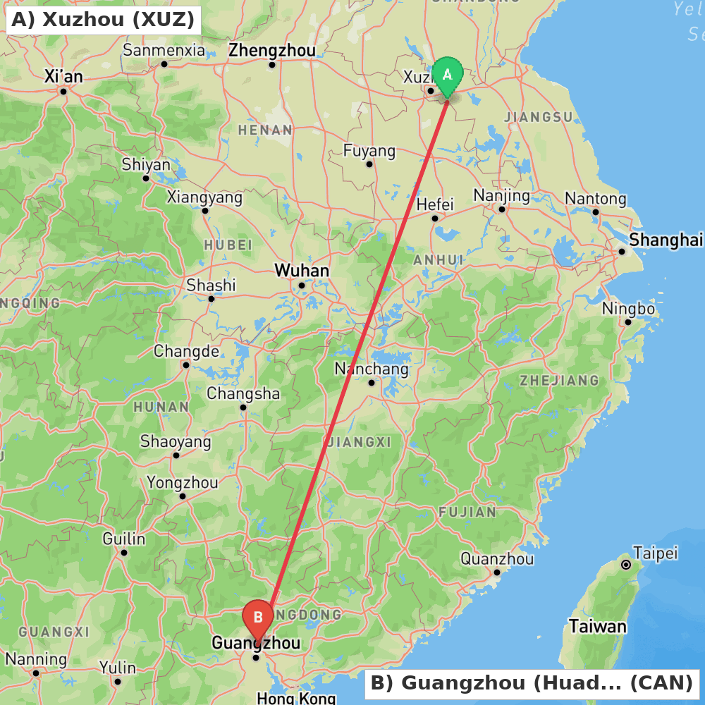 Flight route map from Xuzhou to Guangzhou (Huadu)