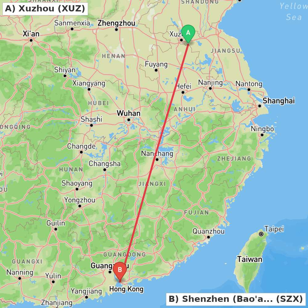 Flight route map from Xuzhou to Shenzhen (Bao'an)