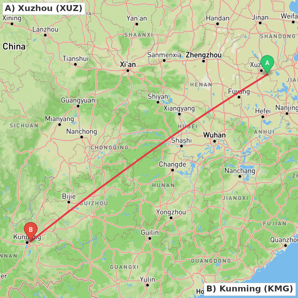 Flight route map from Xuzhou to Kunming