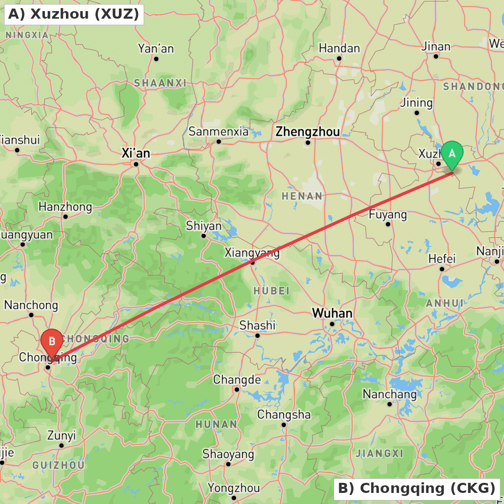 Flight route map from Xuzhou to Chongqing