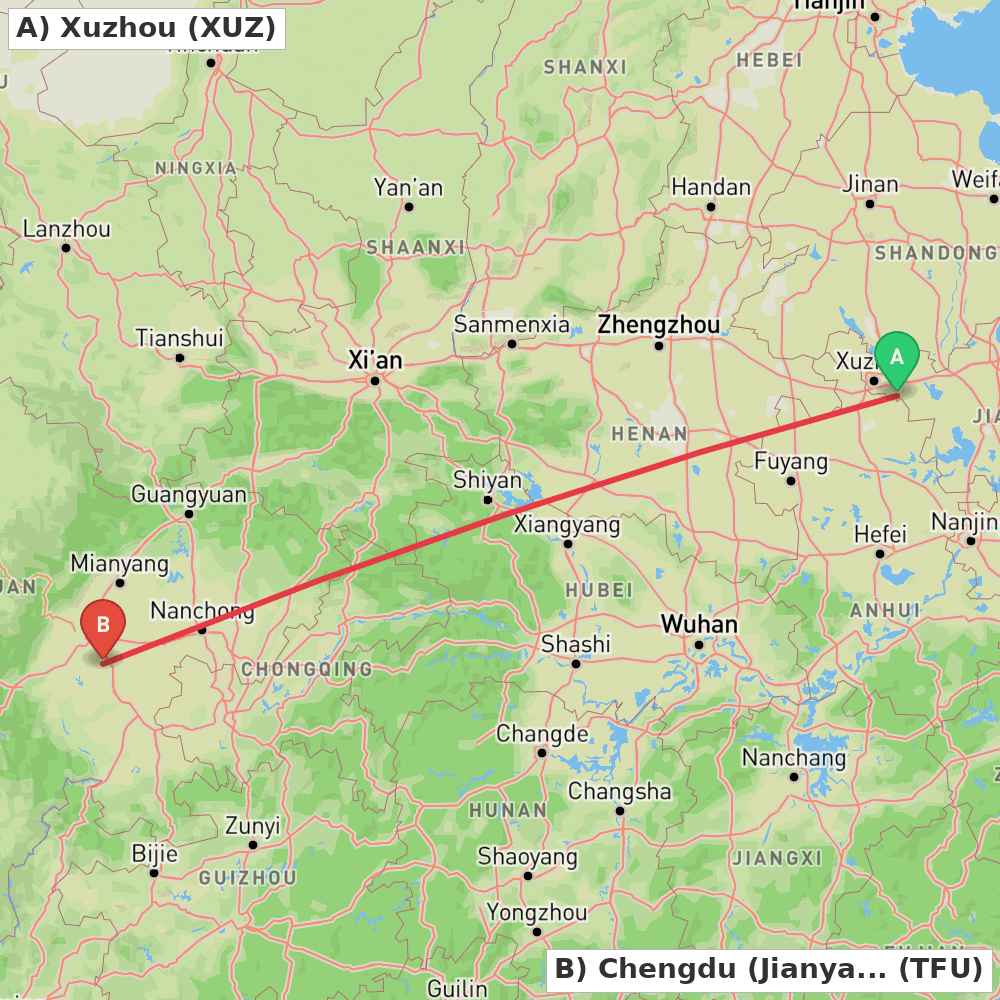 Flight route map from Xuzhou to Chengdu (Jianyang)
