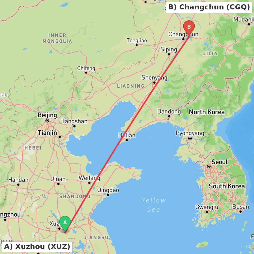 Flight route map from Xuzhou to Changchun