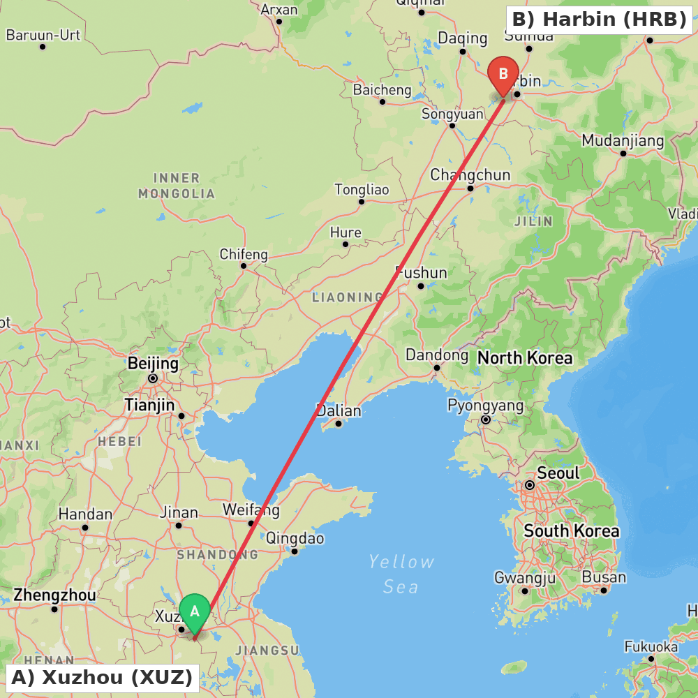 Flight route map from Xuzhou to Harbin
