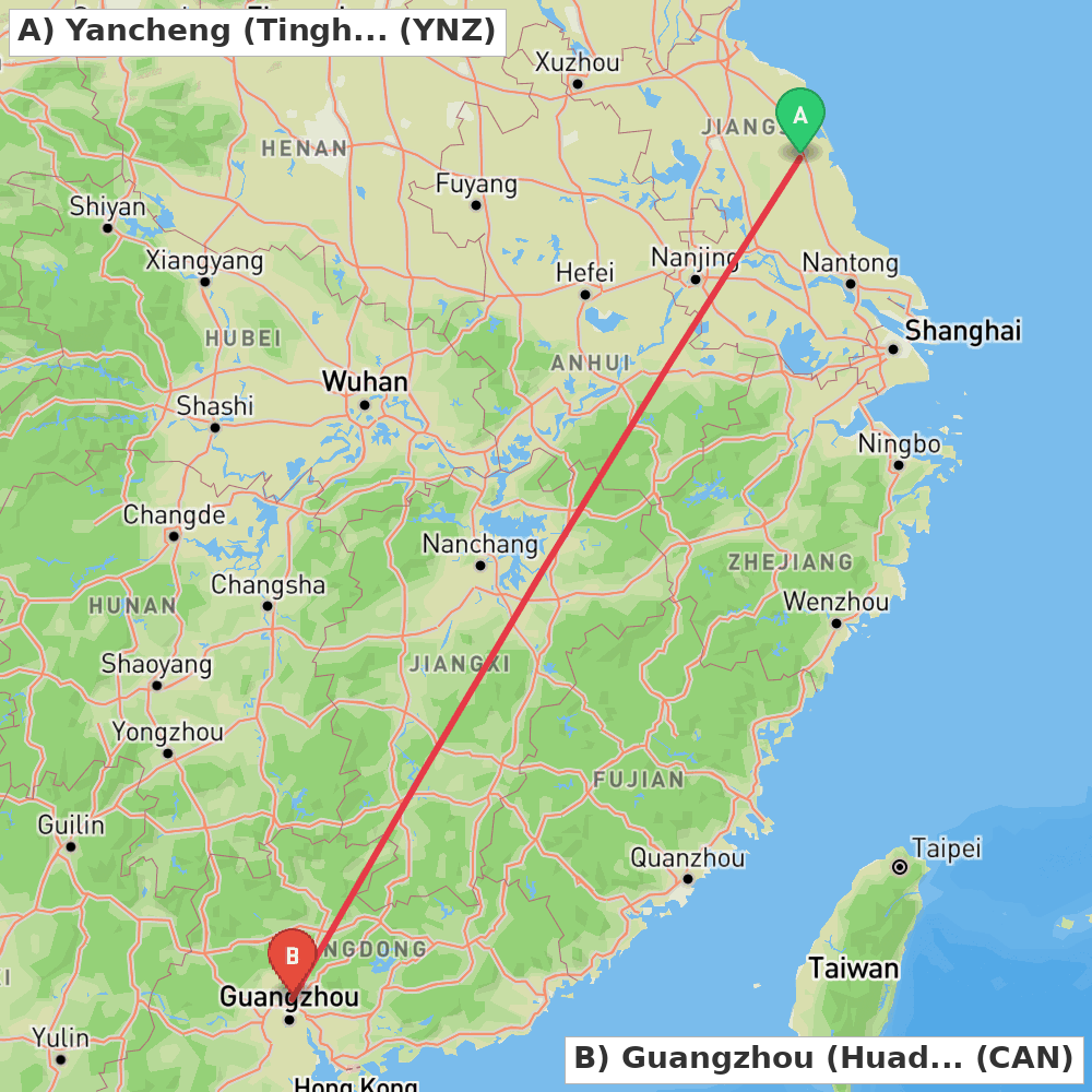 Flight route map from Yancheng (Tinghu) to Guangzhou (Huadu)