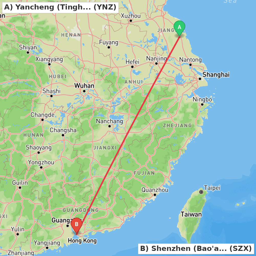 Flight route map from Yancheng (Tinghu) to Shenzhen (Bao'an)