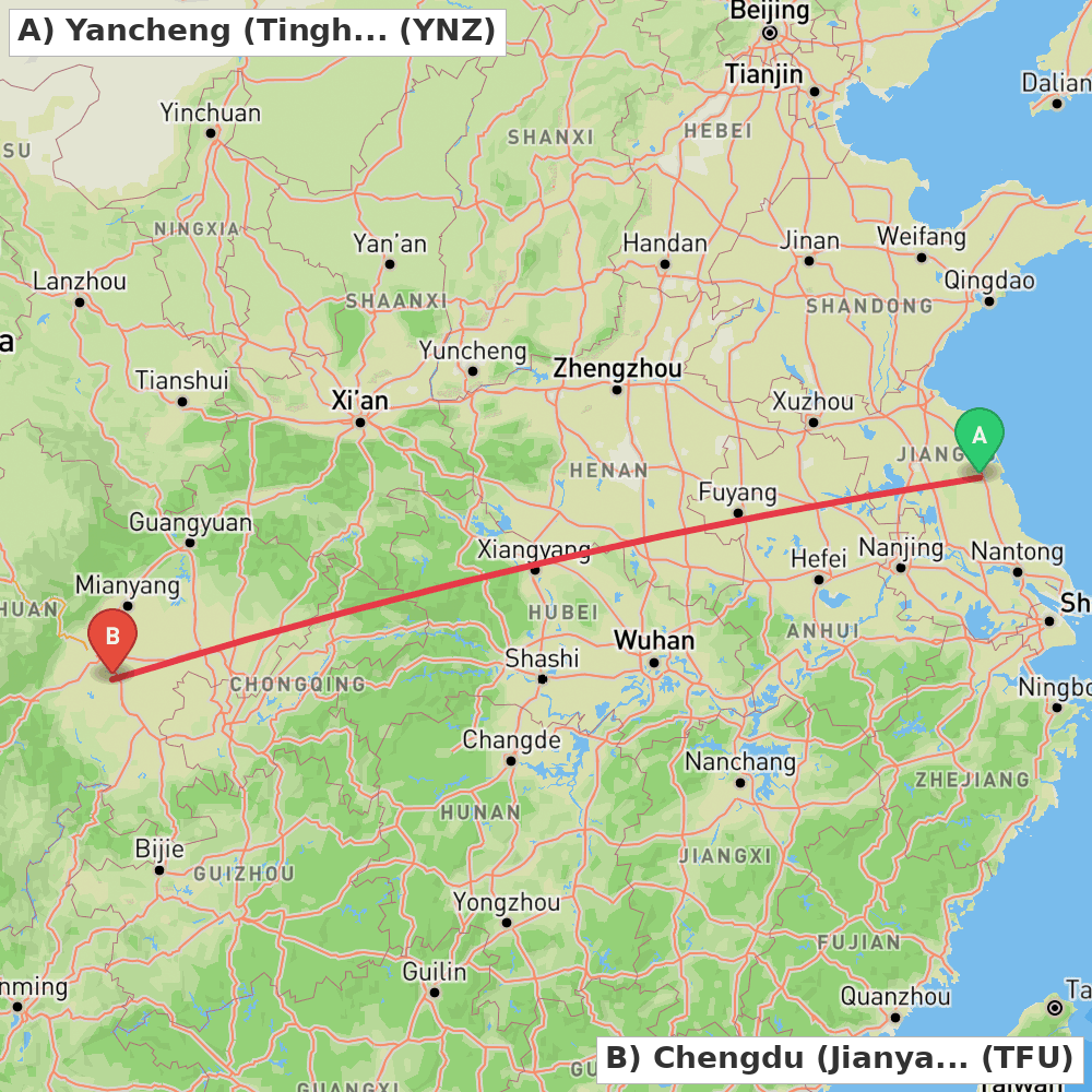 Flight route map from Yancheng (Tinghu) to Chengdu (Jianyang)