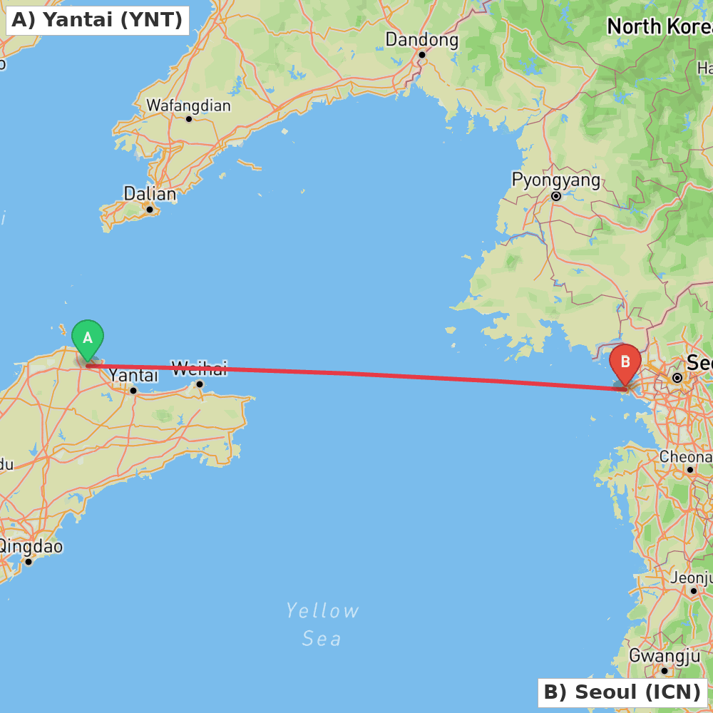 Flight route map from Yantai to Seoul
