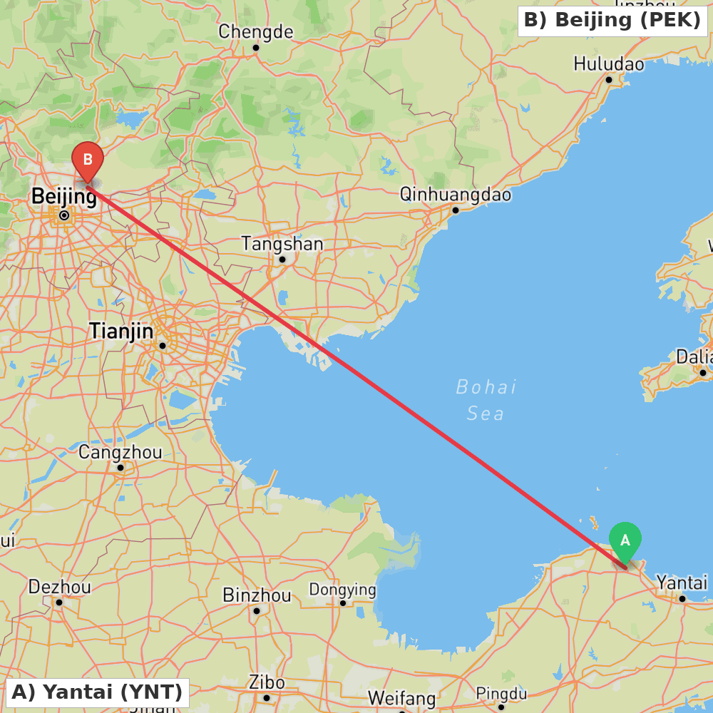 Flight route map from Yantai to Beijing