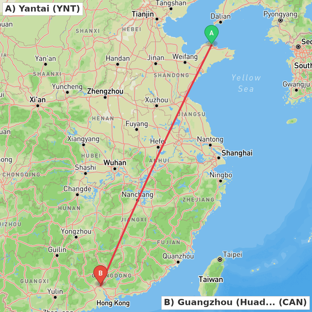 Flight route map from Yantai to Guangzhou (Huadu)