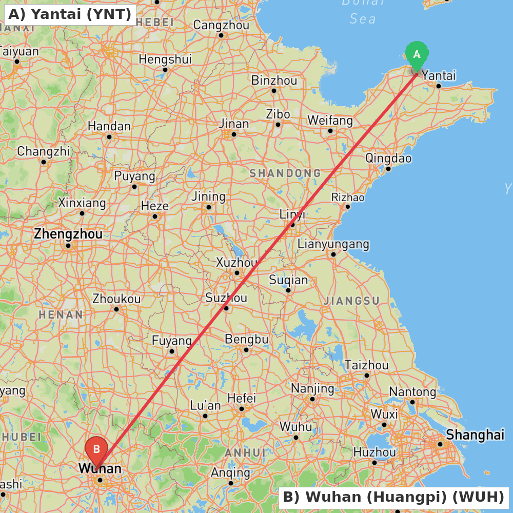 Flight route map from Yantai to Wuhan (Huangpi)