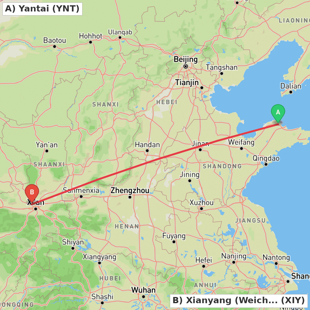 Flight route map from Yantai to Xianyang (Weicheng)