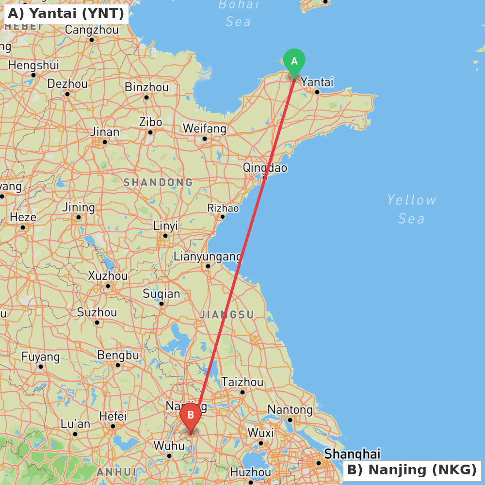 Flight route map from Yantai to Nanjing