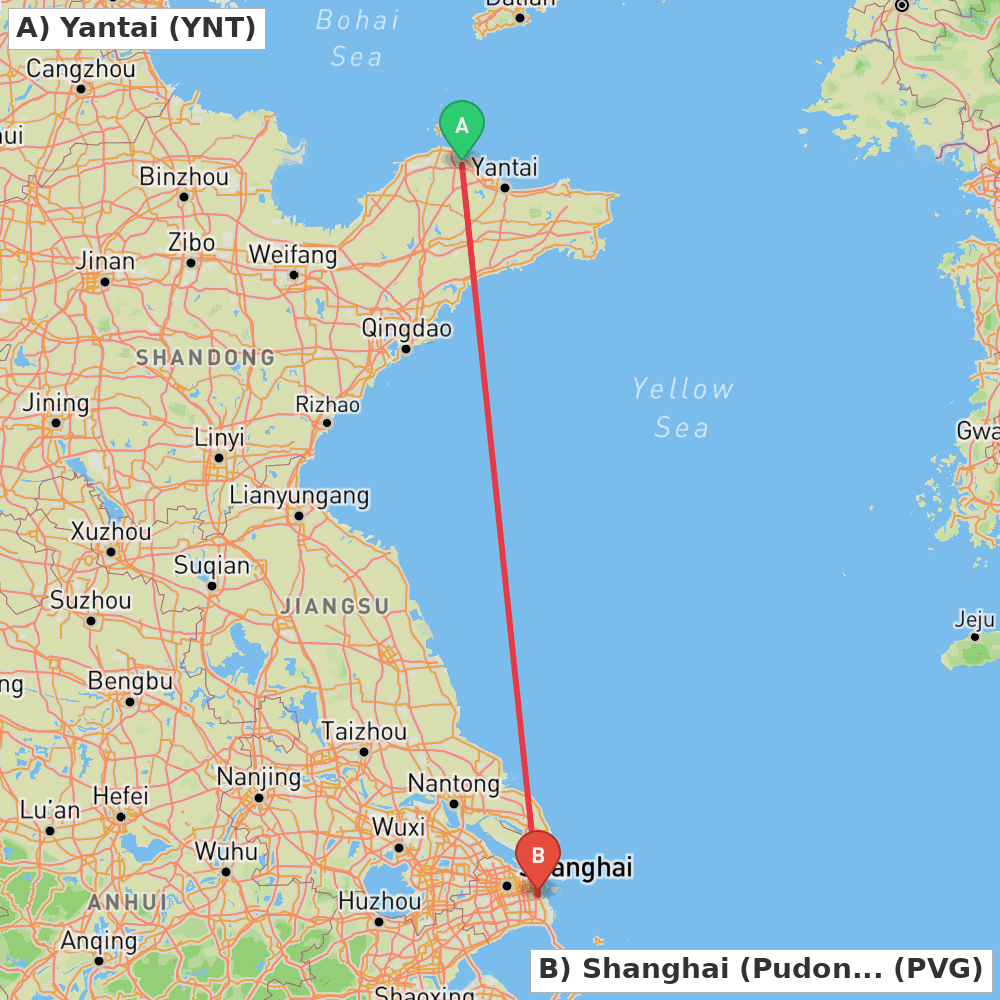 Flight route map from Yantai to Shanghai (Pudong)