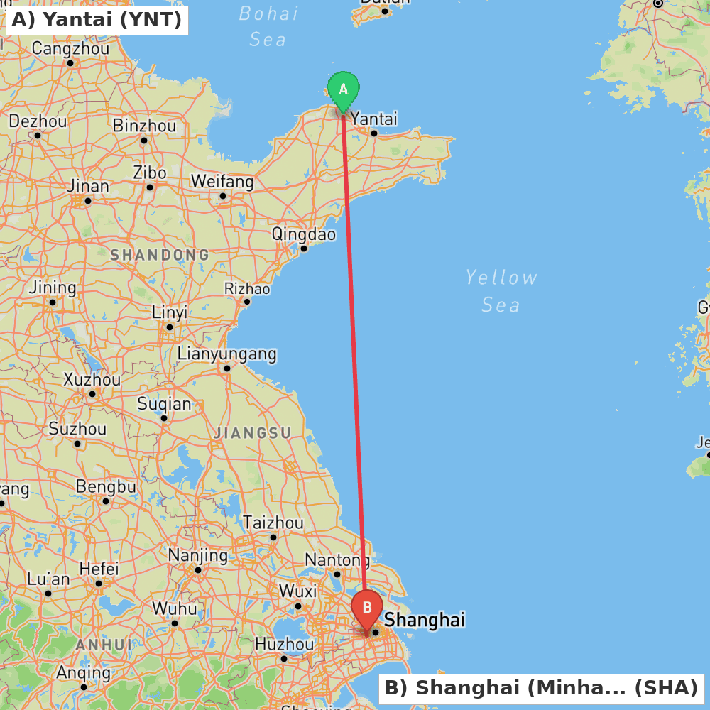 Flight route map from Yantai to Shanghai (Minhang)