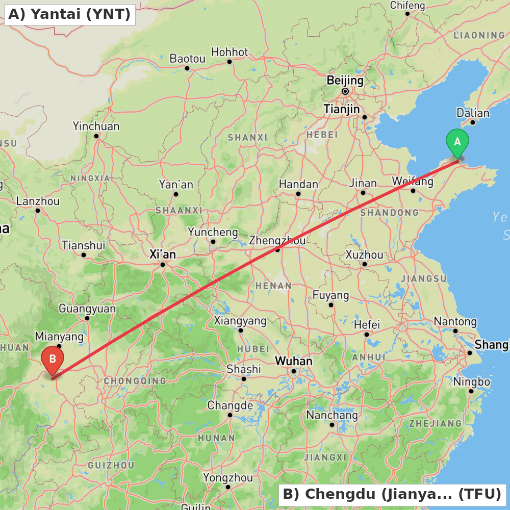 Flight route map from Yantai to Chengdu (Jianyang)