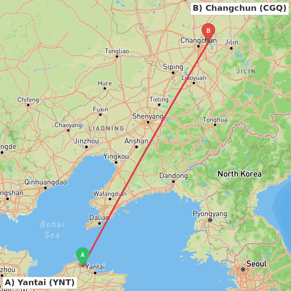 Flight route map from Yantai to Changchun