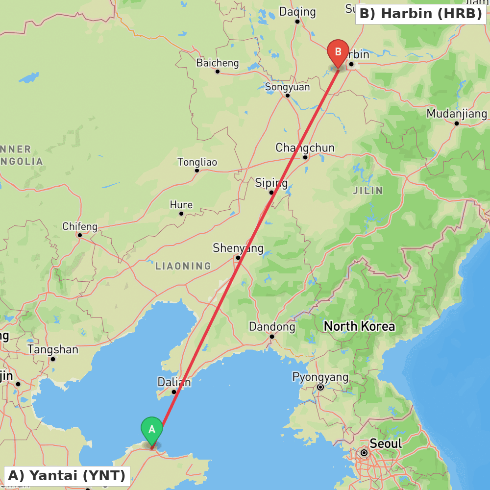 Flight route map from Yantai to Harbin