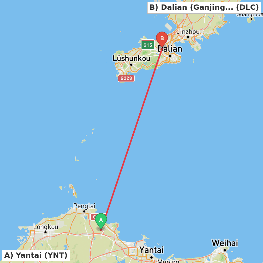 Flight route map from Yantai to Dalian (Ganjingzi)