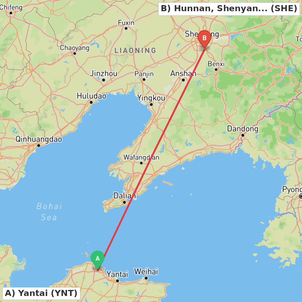 Flight route map from Yantai to Hunnan, Shenyang