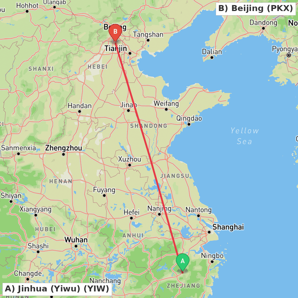 Flight route map from Jinhua (Yiwu) to Beijing