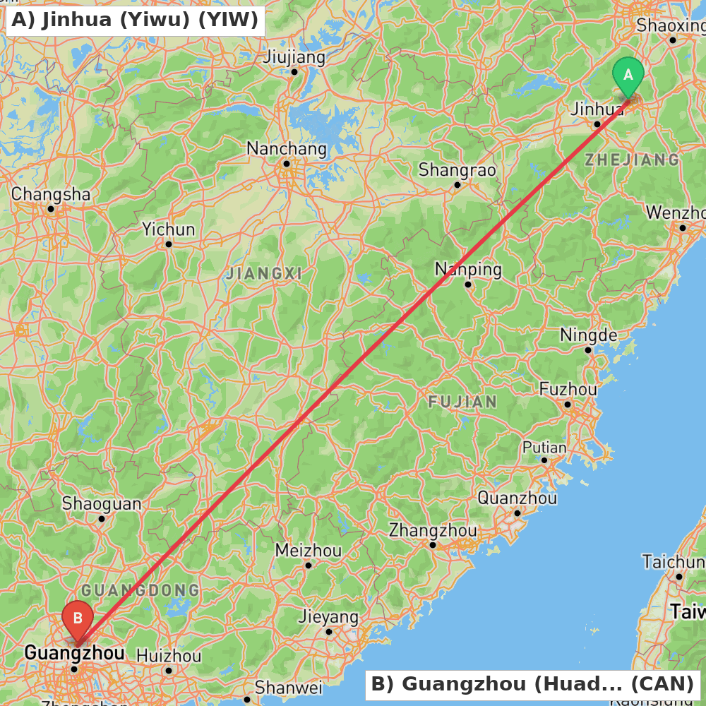 Flight route map from Jinhua (Yiwu) to Guangzhou (Huadu)