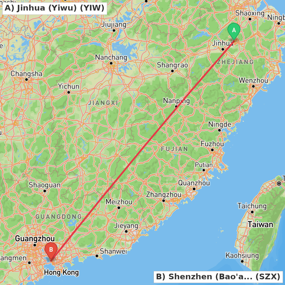 Flight route map from Jinhua (Yiwu) to Shenzhen (Bao'an)