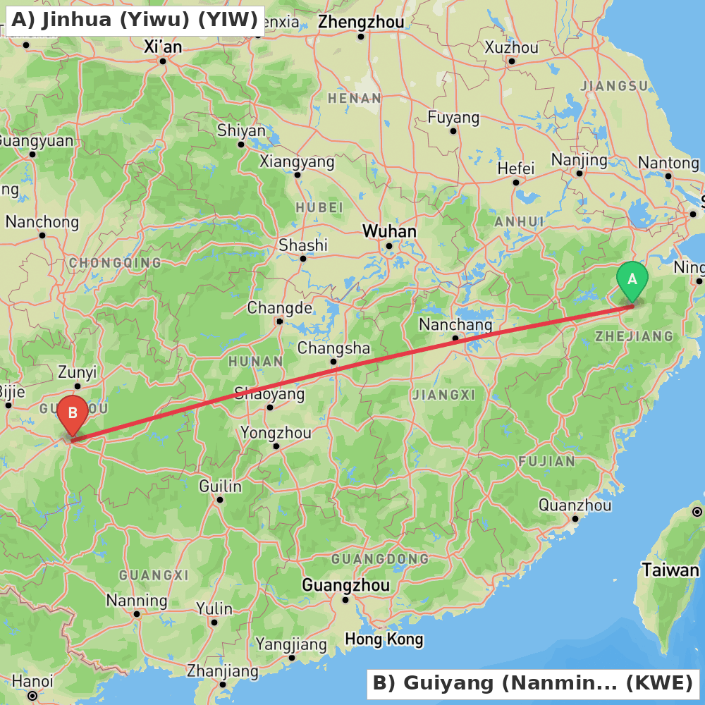 Flight route map from Jinhua (Yiwu) to Guiyang (Nanming)