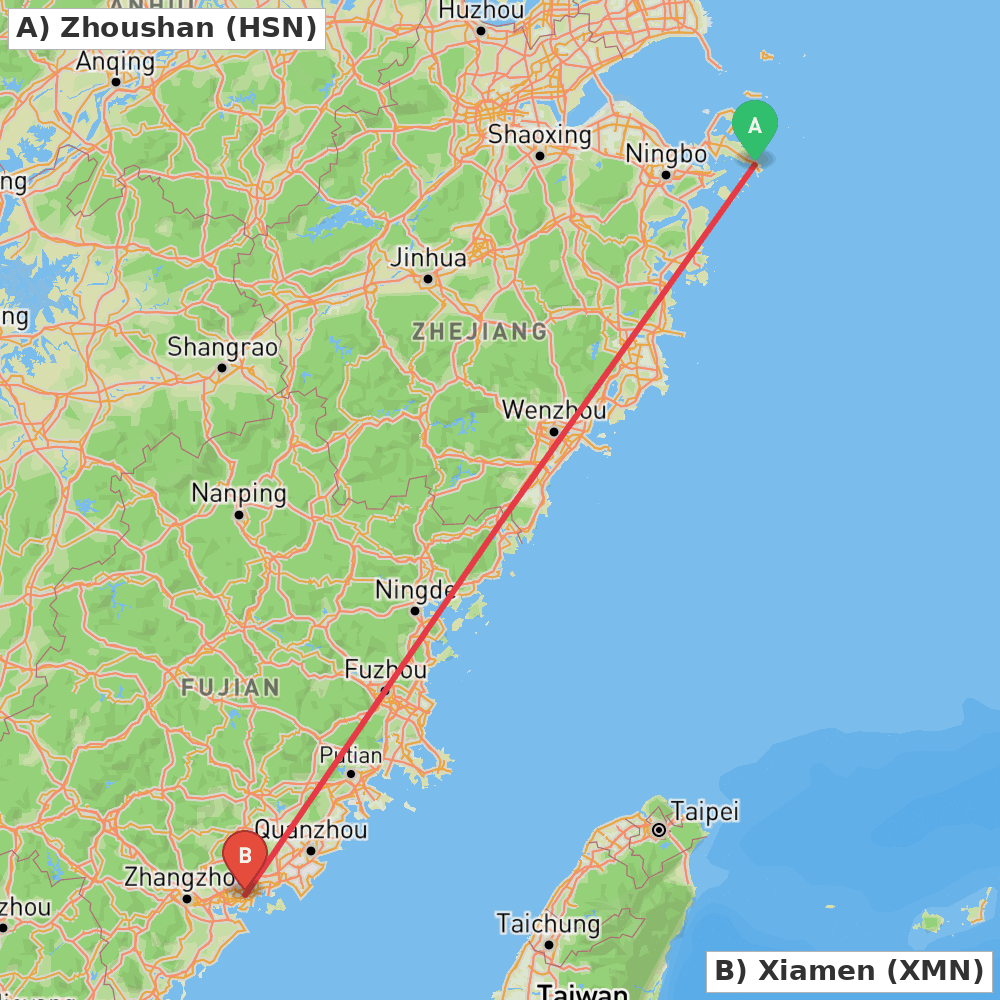 Flight route map from Zhoushan to Xiamen