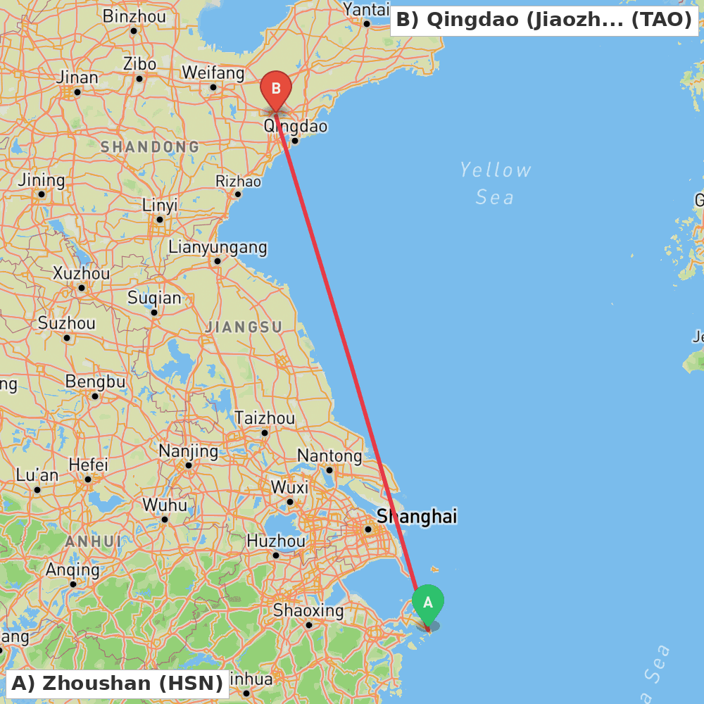 Flight route map from Zhoushan to Qingdao (Jiaozhou)