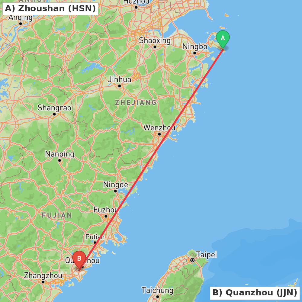 Flight route map from Zhoushan to Quanzhou