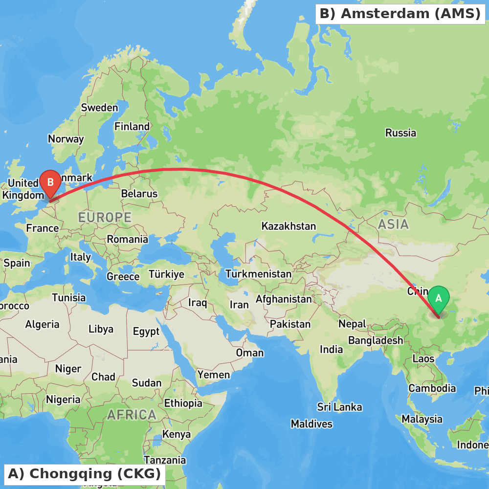 Flight route map from Chongqing to Amsterdam